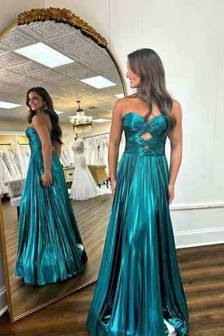 Vestido de festa comprido verde esmeralda com pregas metálicas e decote em coração PSK591