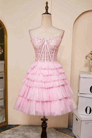 Trägerloses, mehrlagiges rosa Homecoming-Kleid mit Herzausschnitt, PD514