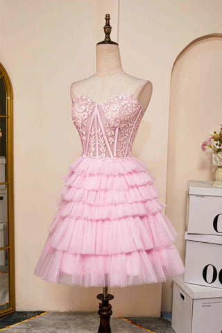 Trägerloses, mehrlagiges rosa Homecoming-Kleid mit Herzausschnitt, PD514