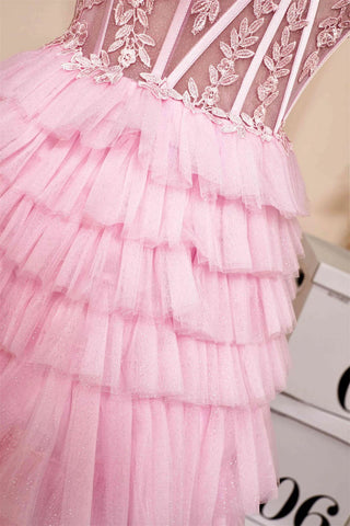 Trägerloses, mehrlagiges rosa Homecoming-Kleid mit Herzausschnitt, PD514