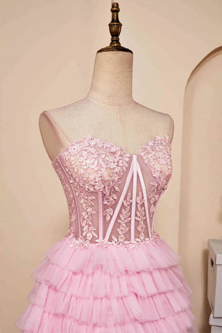 Trägerloses, mehrlagiges rosa Homecoming-Kleid mit Herzausschnitt, PD514
