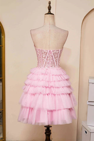 Trägerloses, mehrlagiges rosa Homecoming-Kleid mit Herzausschnitt, PD514