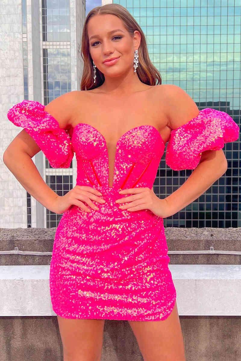 Vestido de Baile con Mangas Abullonadas en Rosa Fucsia SYH26
