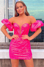 Vestido de Baile con Mangas Abullonadas en Rosa Fucsia SYH26