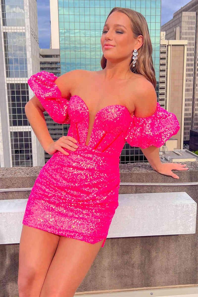 Vestido de Baile con Mangas Abullonadas en Rosa Fucsia SYH26