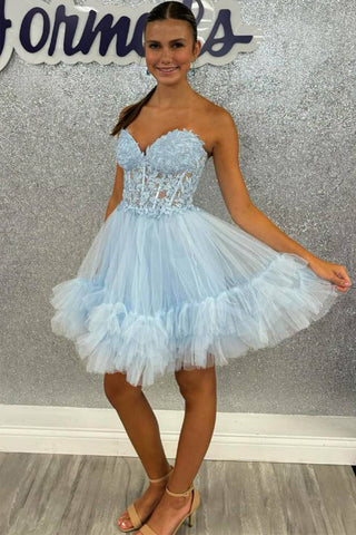 Herzausschnitt, transparentes Korsett, Rüschen, hellblaues Homecoming-Kleid PD531