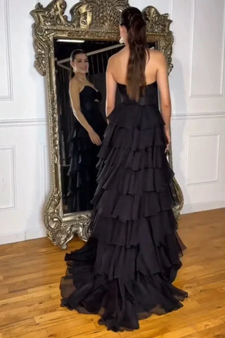 Vestido de festa comprido em chiffon com racha e decote em coração, sem alças, PSK665