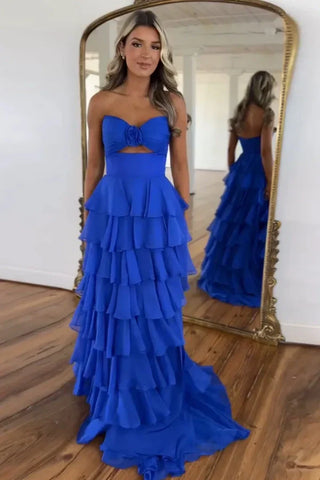 Vestido de festa comprido em chiffon com racha e decote em coração, sem alças, PSK665
