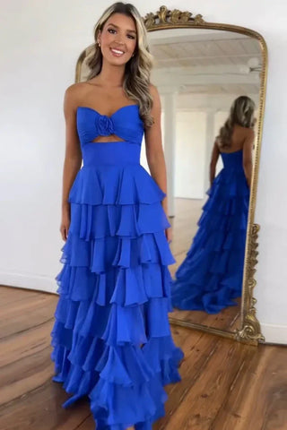 Vestido de festa comprido em chiffon com racha e decote em coração, sem alças, PSK665