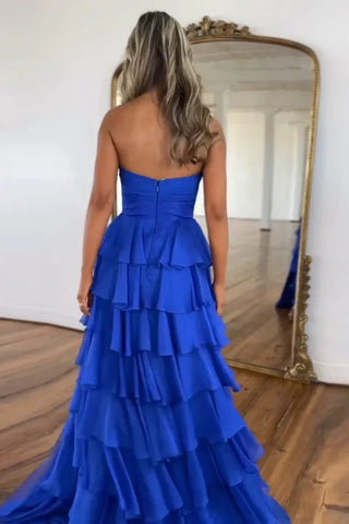 Vestido de festa comprido em chiffon com racha e decote em coração, sem alças, PSK665