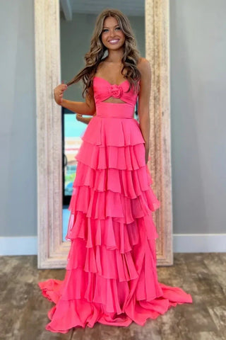 Vestido de festa comprido em chiffon com racha e decote em coração, sem alças, PSK665