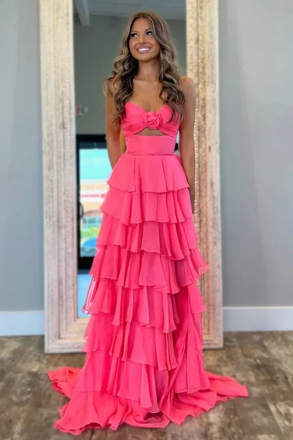 Sweetheart Strapless Chiffon Flower Long Prom Dress with Slit PSK665