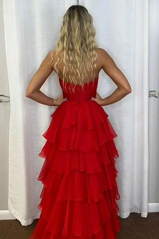 Vestido de festa comprido em chiffon com racha e decote em coração, sem alças, PSK665