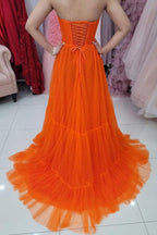 Vestido de baile de tule laranja com corpete e corpete PSK256