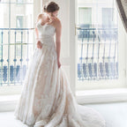 Vestido de novia largo strapless de encaje y lentejuelas color marfil hermoso, WD0078