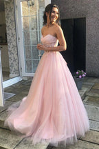 Sweetheart Tulle Lace Pink Long Prom Dress Pretty Party Dress PSK660
