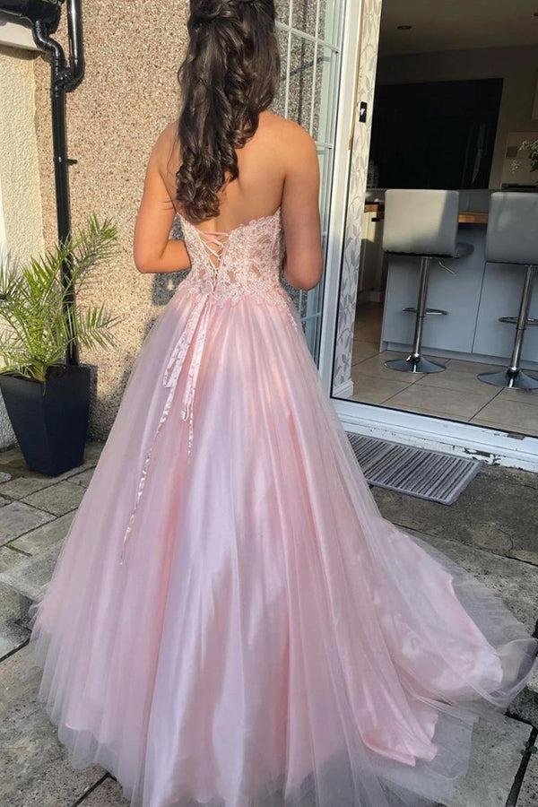 Sweetheart Tulle Lace Pink Long Prom Dress Pretty Party Dress PSK660