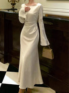Robe de soirée en satin à col rond pour femme, robe de cocktail simple blanche Y6894