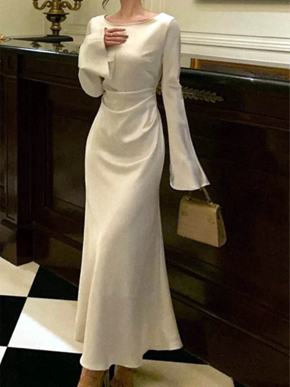 Robe de soirée en satin à col rond pour femme, robe de cocktail simple blanche Y6894