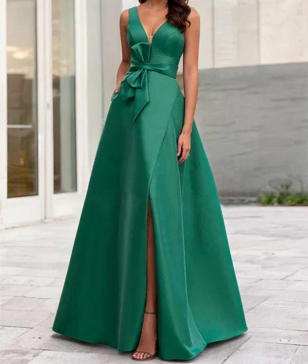 Vestidos para a mãe da noiva, corte A/princesa, decote em V, sem mangas