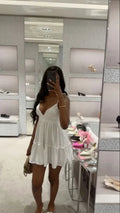 Vestido Blanco Encantador para el Baile de Bienvenida con Cuello en V y Corte en A, Vestido de Fiesta Blanco Y7105