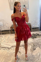 Rotes Trägerloses Durchsichtiges Korsett mit Etagenrüschen Homecoming-Kleid Y2822