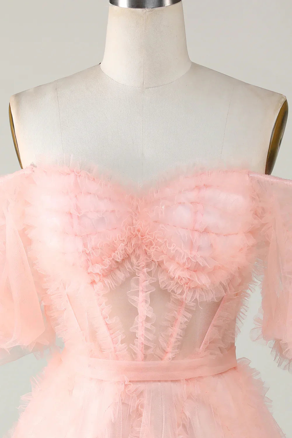 Vestido Corto de Tul Sonrosado para el Baile de Bienvenida con Hombros Descubiertos Y2616
