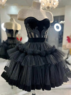 Vestidos Cortos Negros Pequeños para el Baile de Graduación con Encaje, Varillas Expuestas, Minivestidos de Fiesta Pom, Faldas Tutú de Tul, Trajes de Graduación Góticos Y2615