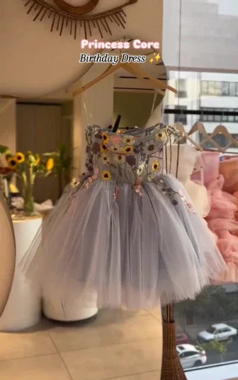 Vestido Corto de Fiesta de Cumpleaños y Regreso a Casa Azul en Línea A con Aplicaciones de Tul Muy Bonitas Y8513