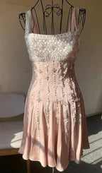 Robe de bal satin nude luxueuse à perles diamant main Y4542