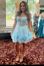 Blaues Homecoming-Kleid in A-Linie mit Tüll, kurzen Rüschen und kurzem Saum Y2770