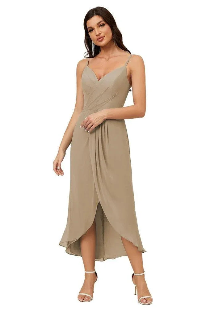 Numbersea Spaghetti-Träger Chiffon V-Ausschnitt Brautjungfernkleid Mittellanger Schlitz Formelles Abschlussballkleid Homecoming-Kleid 2803