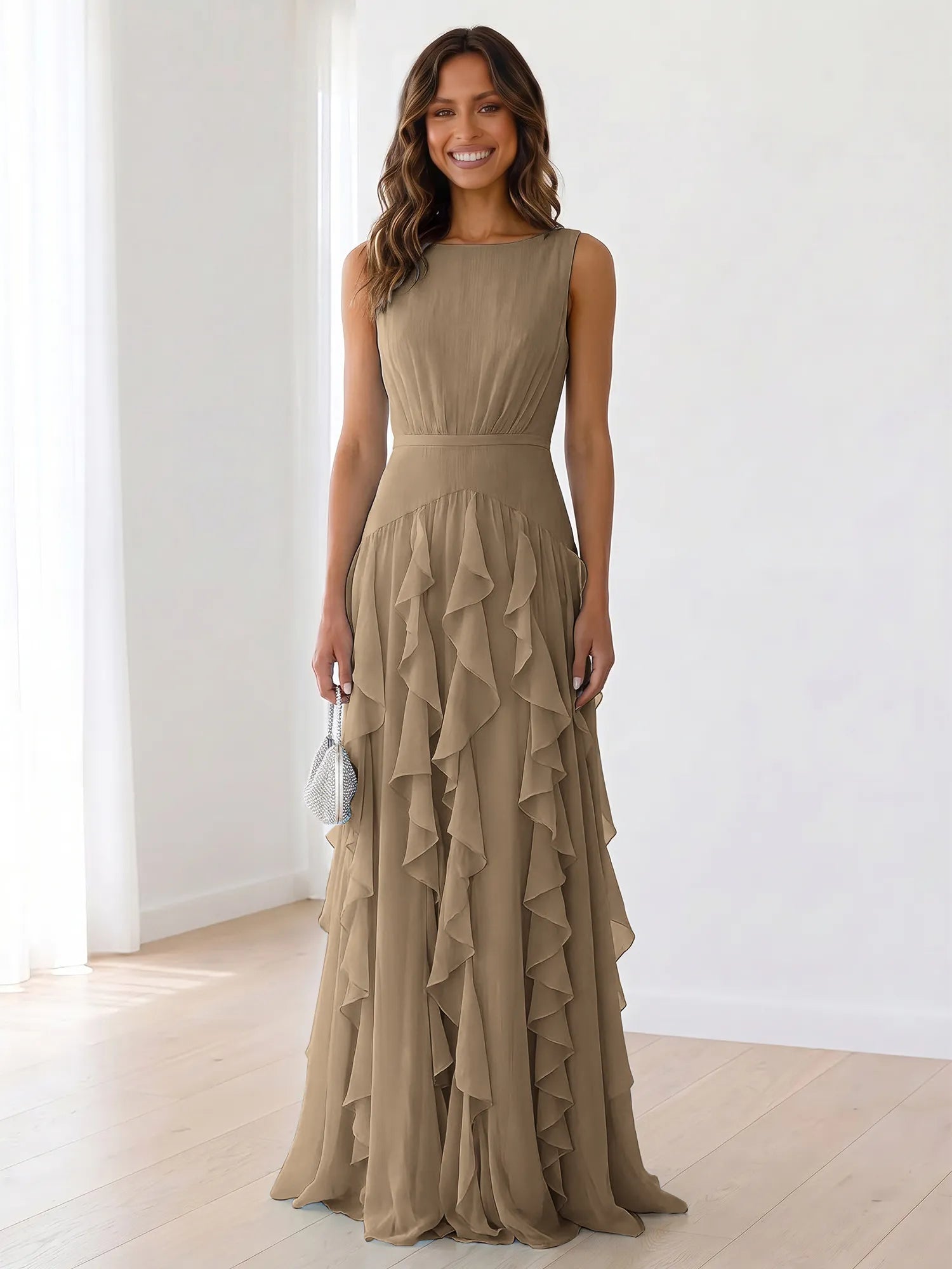 Sleeveless Tiered Chiffon Maxi Evening Gown with Ruched Bodice