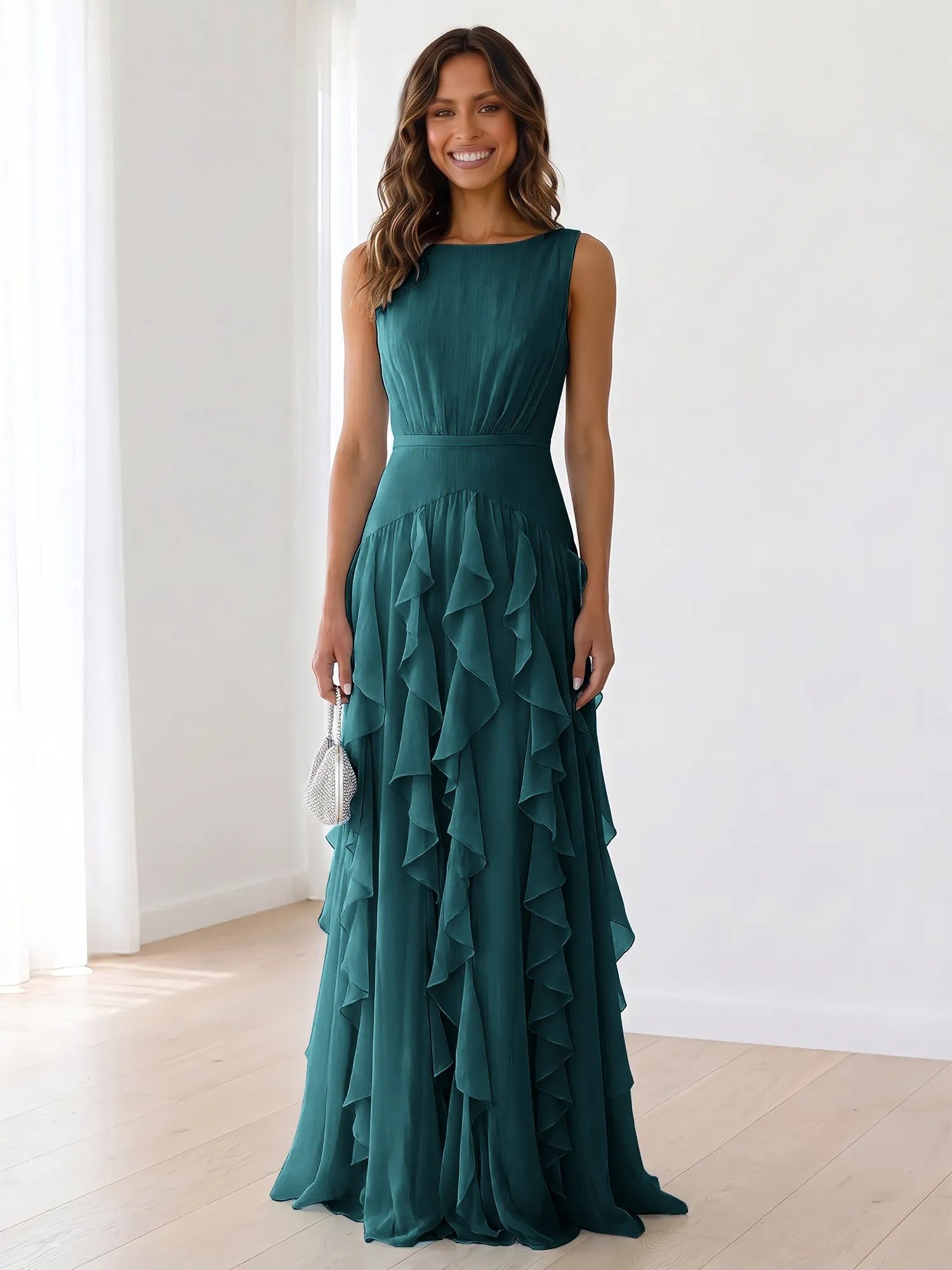Sleeveless Tiered Chiffon Maxi Evening Gown with Ruched Bodice