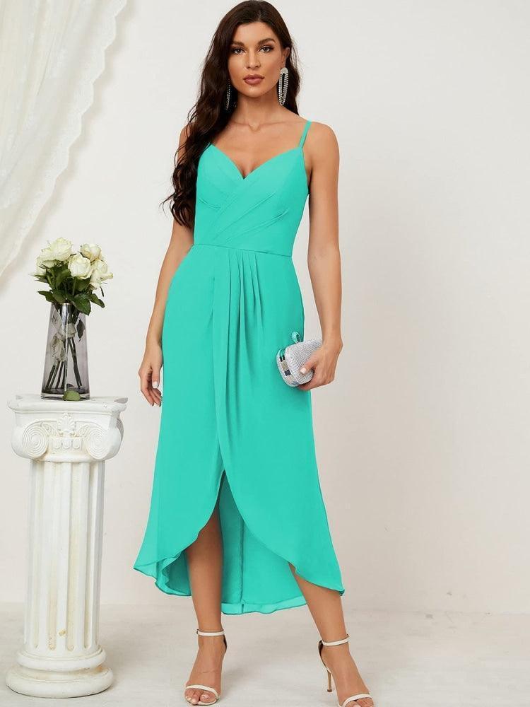 Numbersea Spaghetti-Träger Chiffon V-Ausschnitt Brautjungfernkleid Mittellanger Schlitz Formelles Abschlussballkleid Homecoming-Kleid 2803