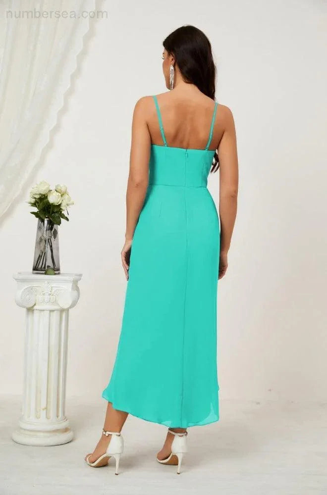 Vestido de Dama de Honor de Chifón Spaghetti con Escote en V y Abertura al Frente de Longitud Media para Fiesta Formal, Baile de Graduación y Regreso a Casa 2803
