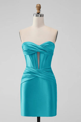Enges, trägerloses, türkisfarbenes Homecoming-Kleid aus Satin mit Schlüssellochausschnitt, PD535