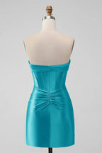 Tight Strapless Keyhole Satin Turquoise Homecoming Dress  PD535
