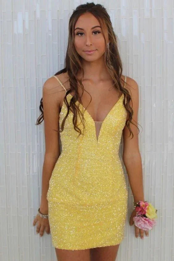 Vestido Corto de Cuentas Ajustado Amarillo para el Baile de Bienvenida SYH27