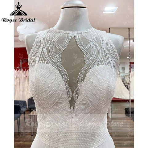 Trouwjurk Strandhochzeitskleid Spitzenmieder Chiffon A-Linie Ärmellos Offener Rücken Maßgeschneidertes Brautkleid Robe De Mariee NumberSea