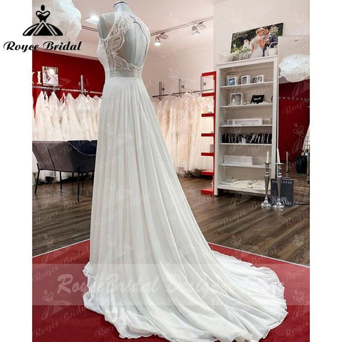 Trouwjurk Strandhochzeitskleid Spitzenmieder Chiffon A-Linie Ärmellos Offener Rücken Maßgeschneidertes Brautkleid Robe De Mariee NumberSea