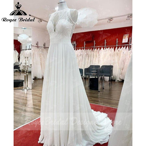Trouwjurk Strandhochzeitskleid Spitzenmieder Chiffon A-Linie Ärmellos Offener Rücken Maßgeschneidertes Brautkleid Robe De Mariee NumberSea