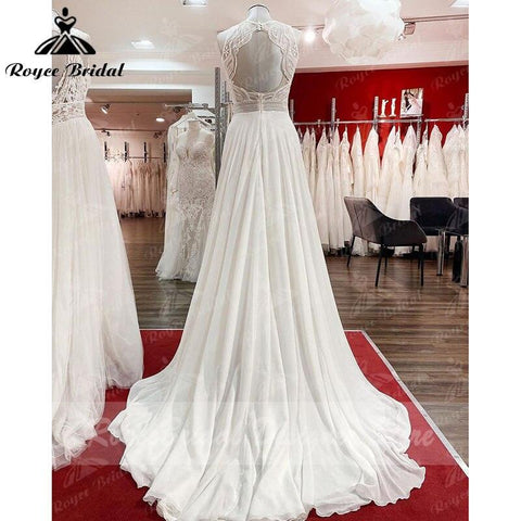 Trouwjurk Strandhochzeitskleid Spitzenmieder Chiffon A-Linie Ärmellos Offener Rücken Maßgeschneidertes Brautkleid Robe De Mariee NumberSea