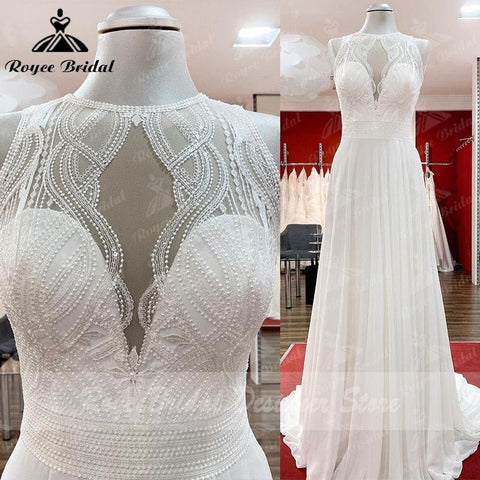 Trouwjurk Strandhochzeitskleid Spitzenmieder Chiffon A-Linie Ärmellos Offener Rücken Maßgeschneidertes Brautkleid Robe De Mariee NumberSea