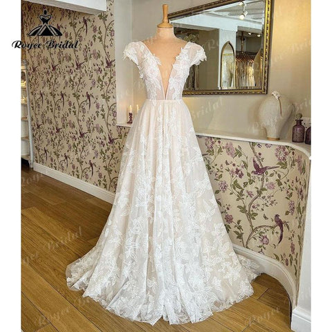Trouwjurk Wunderschönes Brautkleid in A-Linie mit Flügelärmeln, Spitze und appliziertem tiefem V-Ausschnitt, errötendem Rosa, Brautkleider für Frauen, Robe de Mariée