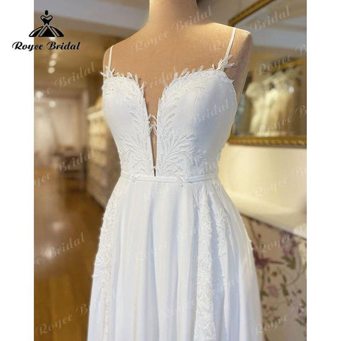 Trouwjurk Einfaches A-Linien-Hochzeitskleid mit Spaghettiträgern, tiefem V-Ausschnitt, offenem Rücken und Spitze, maßgeschneidertes ziviles Brautkleid, Vestidos de Novia