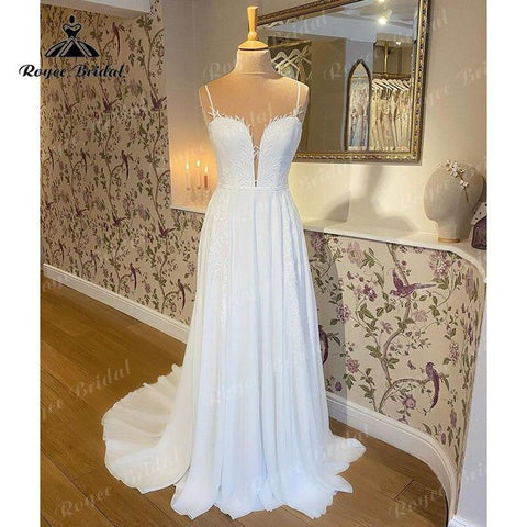 Trouwjurk Einfaches A-Linien-Hochzeitskleid mit Spaghettiträgern, tiefem V-Ausschnitt, offenem Rücken und Spitze, maßgeschneidertes ziviles Brautkleid, Vestidos de Novia