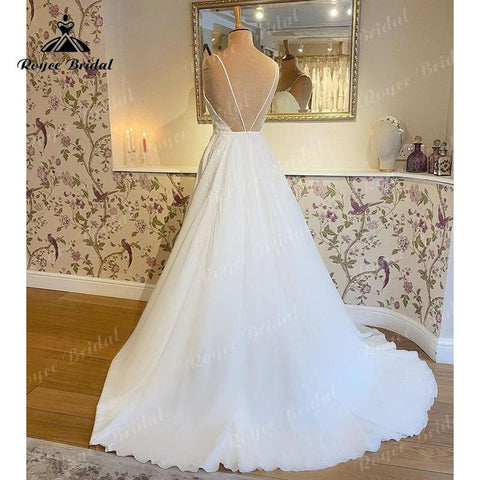 Trouwjurk Einfaches A-Linien-Hochzeitskleid mit Spaghettiträgern, tiefem V-Ausschnitt, offenem Rücken und Spitze, maßgeschneidertes ziviles Brautkleid, Vestidos de Novia