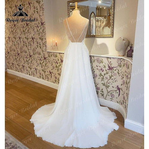 NumberSea Robe de mariée simple ligne A bretelles spaghetti robe de mariée décolleté profond dos ouvert dentelle sur mesure robe de mariée civile Vestidos de Novia