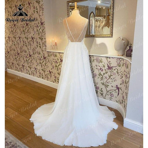 Trouwjurk Einfaches A-Linien-Hochzeitskleid mit Spaghettiträgern, tiefem V-Ausschnitt, offenem Rücken und Spitze, maßgeschneidertes ziviles Brautkleid, Vestidos de Novia